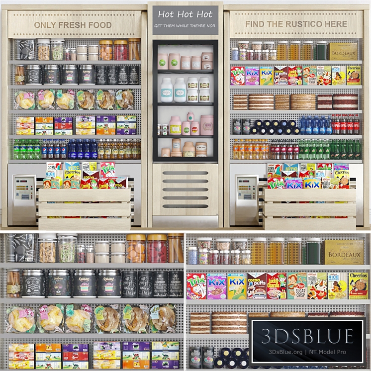 Grocery showcase in a supermarket in ethnic style with drinks and groceries