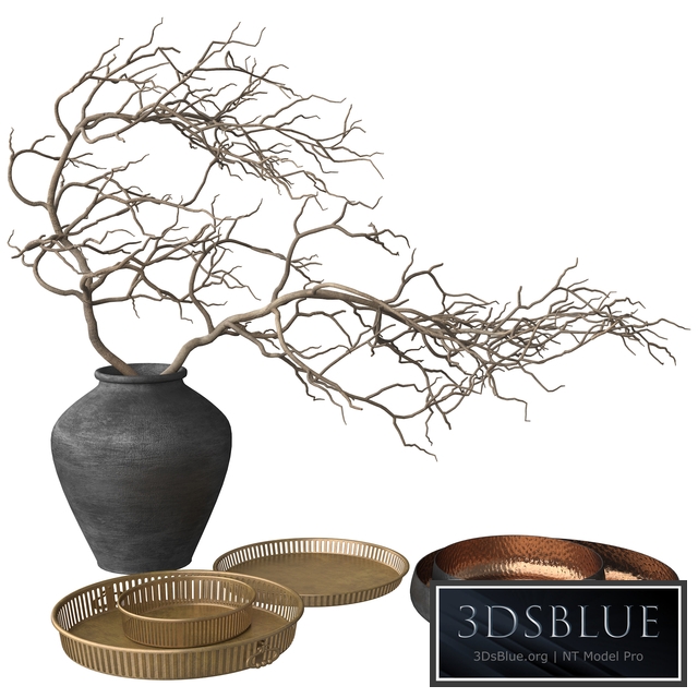 Rustic Set - Vase, Branch, Copper Bowl and Brass Tray