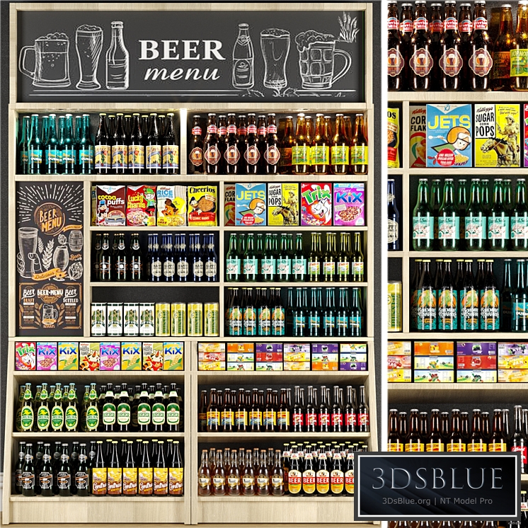 Large shelf in the supermarket with beer and cider