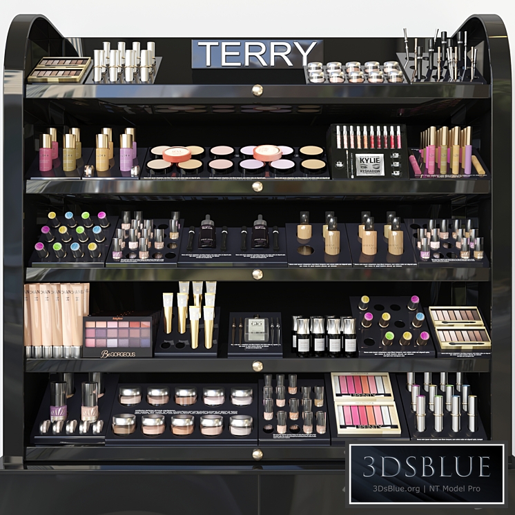 Rack with a set of professional cosmetics in a beauty salon. Make up