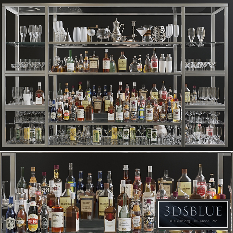 Large bar showcase with strong alcohol. The pub