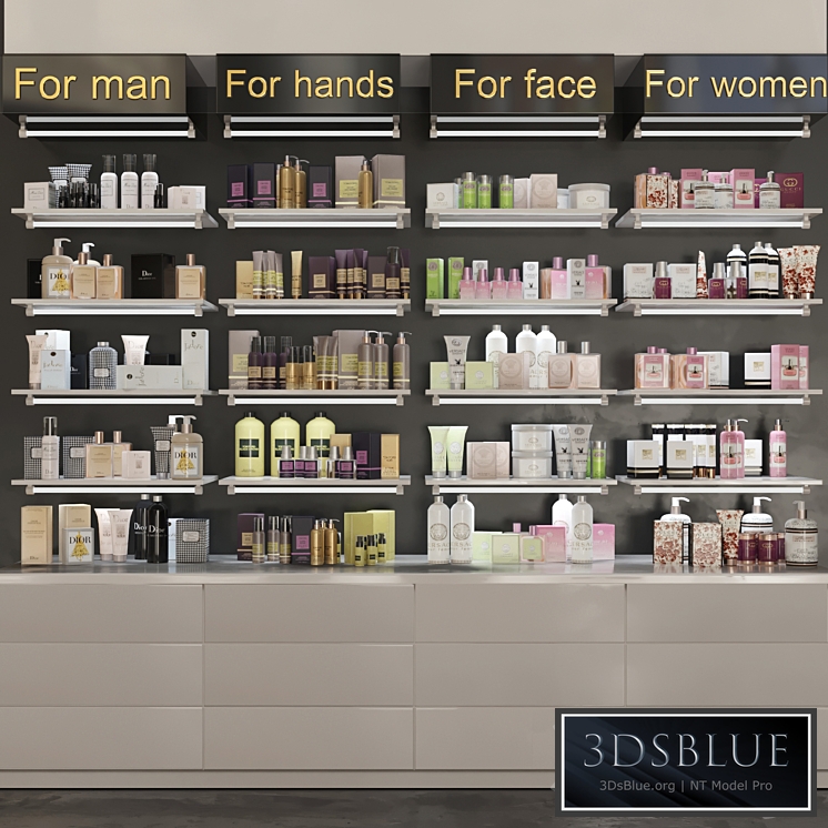 Showcase in pharmacies cosmetics for care. Beauty saloon