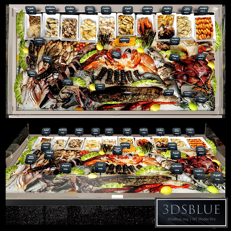 Showcase with seafood