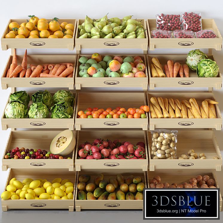 Showcase with fruits and vegetables at the market in boxes. Citrus fruits, apples