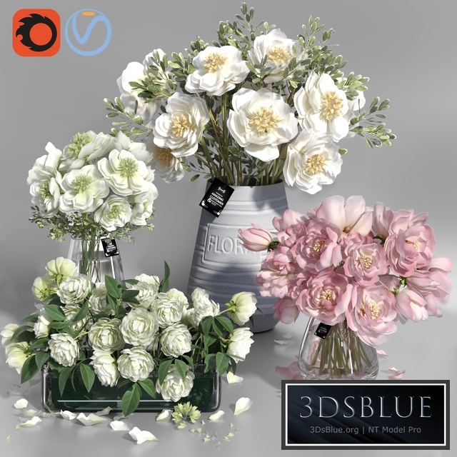 White and Pink tone Peonies cement concrete glass Vases