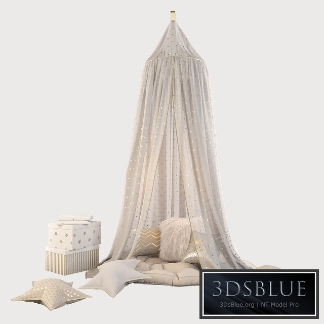 Children&#39;s canopy and decor in beige and golden tones