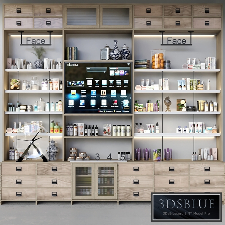 Closet with cosmetics for personal care in a beauty salon