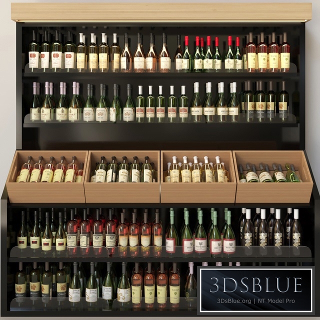 Wine cabinet with collectible wine in the supermarket. Wine and alcohol