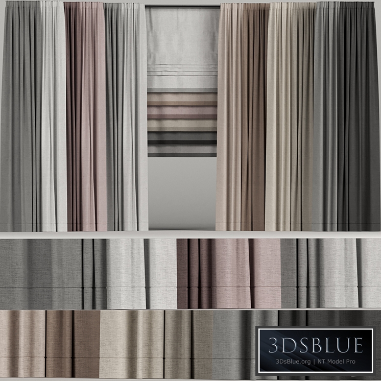 A set of curtains in different colors with a roman curtain.