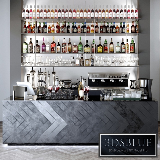 Bar counter with a collection of alcohol. Alcohol, bar