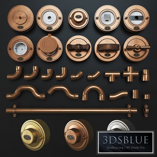 Designer wiring in metal pipes + retro sockets and switches