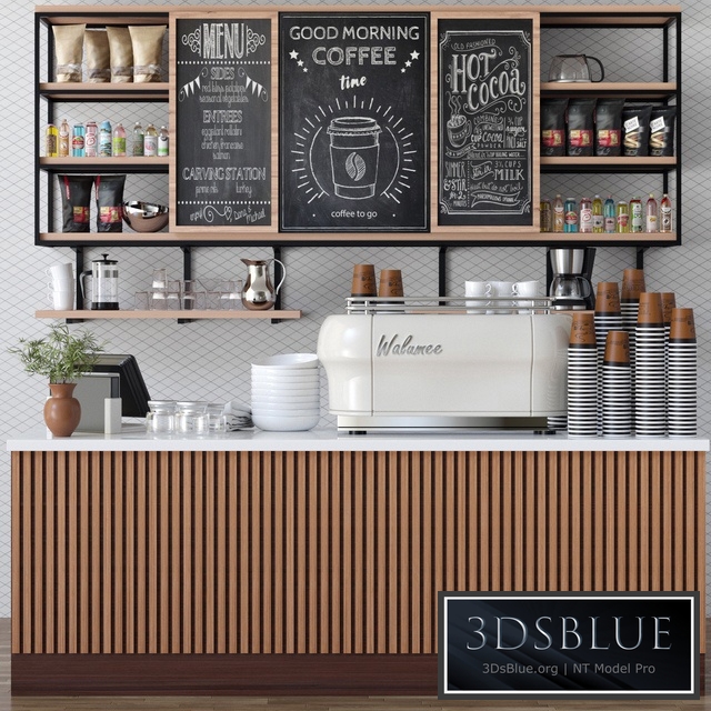 Design project of a cafe in ethnic style with a coffee machine and accessories on the shelves