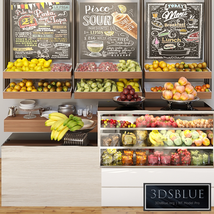 A small showcase in a supermarket with a large selection of fruits and vegetables. Food