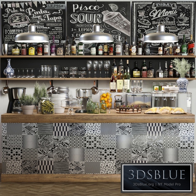 Bar counter with alcohol, service and desserts 10