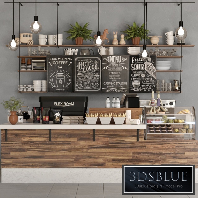 Design project of a coffee point with desserts, sweets and a coffee machine. coffee house