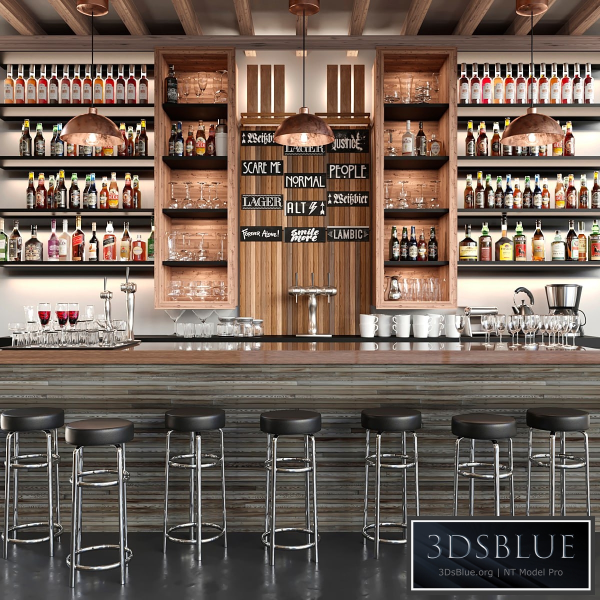 A large bar with alcohol and cocktails in ethnic style. Bar