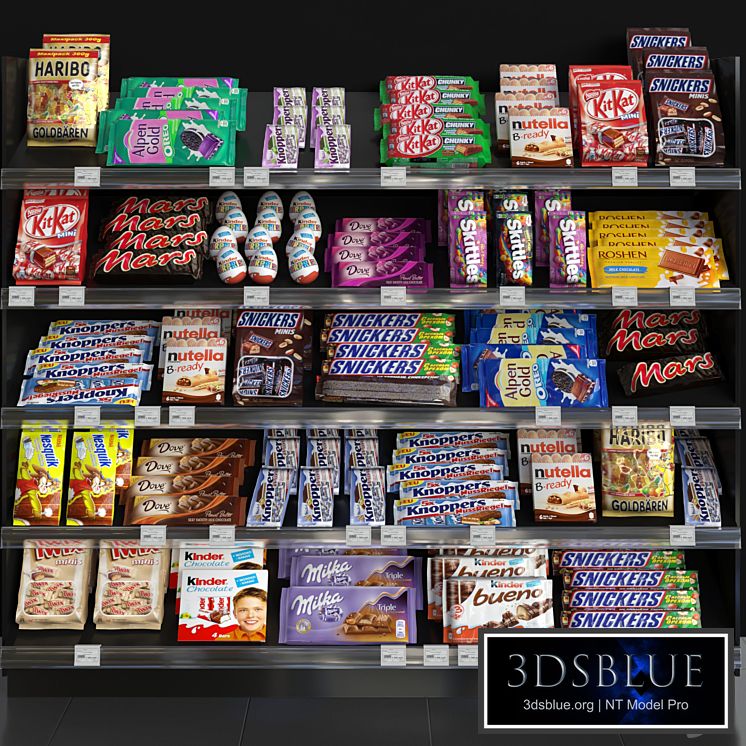 Showcase in a supermarket with sweets, chocolate and other sweets