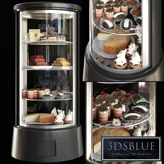 Refrigerator with desserts and sweets for shops or cafes. Confectionery