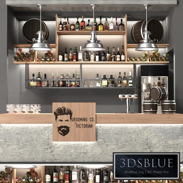 Pub with strong drinks in ethnic style with decorative kegs. Alcohol