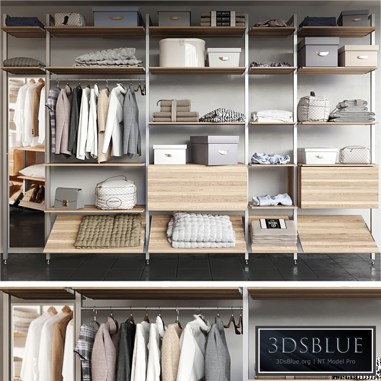 Dressing room with clothes, shoes, and other clothes. clothing