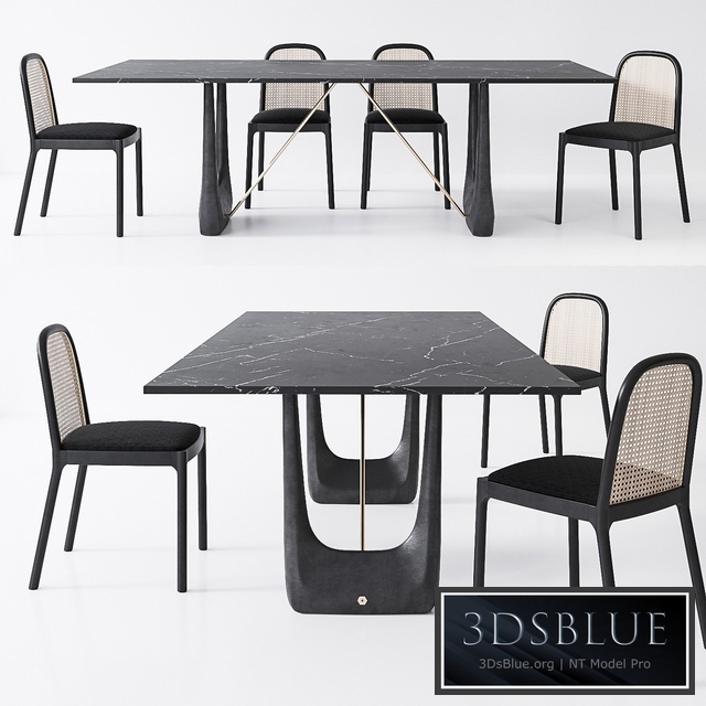 CB2 Nadia Cane chair, Rocco Rectangular marble dining table