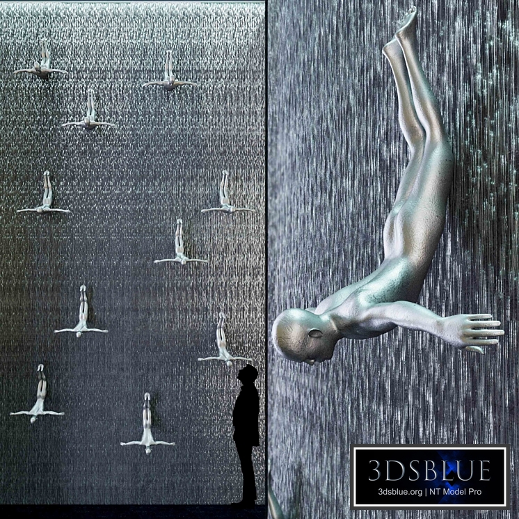 Waterfall and sculpture of man