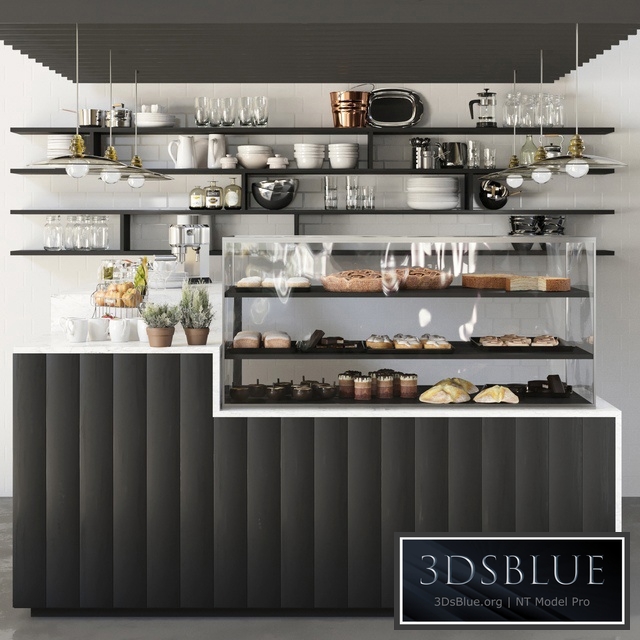 Design project of a coffee point with a refrigerator with desserts. Cafe