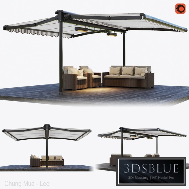 Double-sided cassette tent with rattan garden furniture