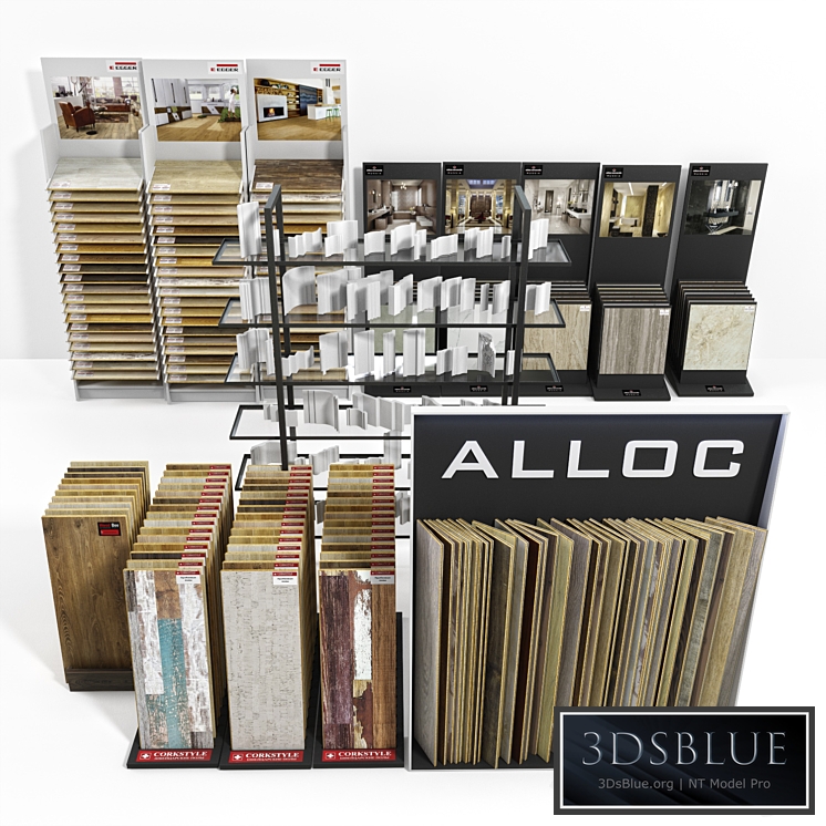 Exhibition stands with samples of laminate, porcelain tile, stucco molding