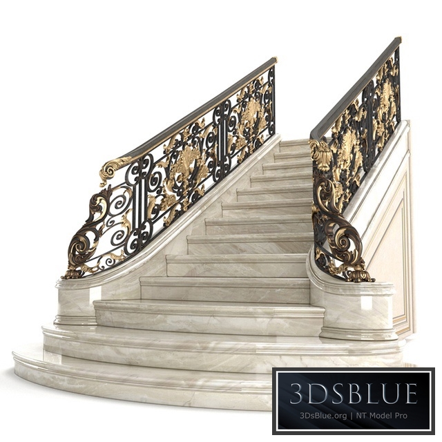 Classic marble staircase with wrought iron railing