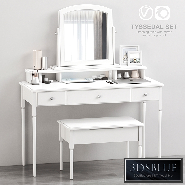 IKEA TYSSEDAL Dressing table with mirror and storage stool, white