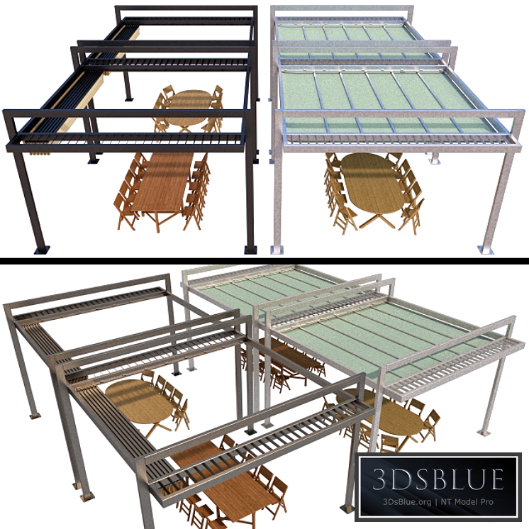 Metal pergola with sliding curtains