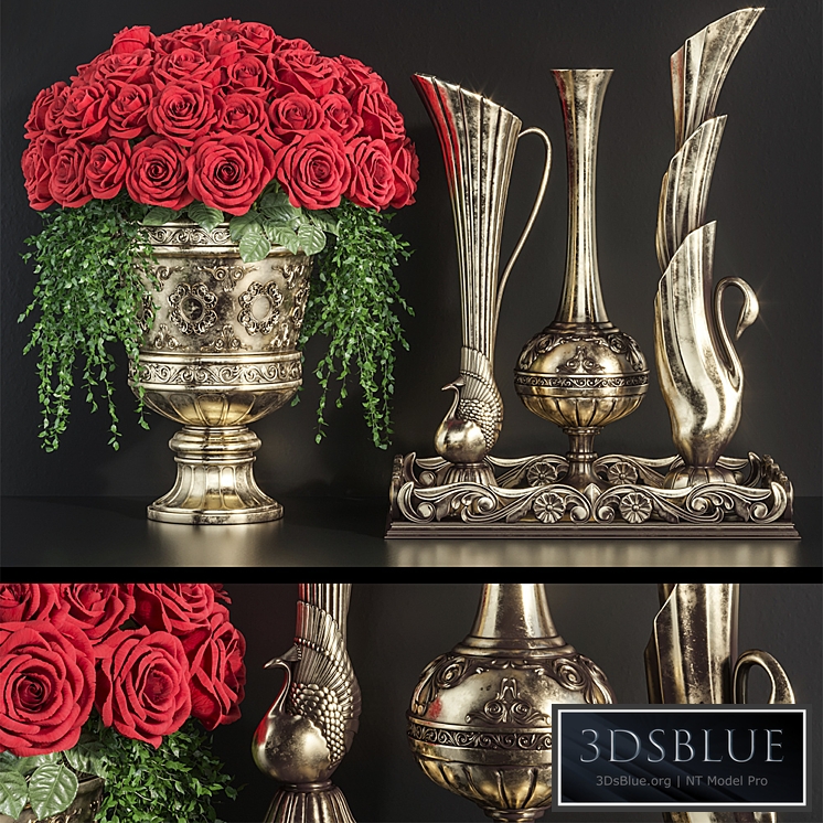 Decoration Set 23 Red Roses in antique vases.