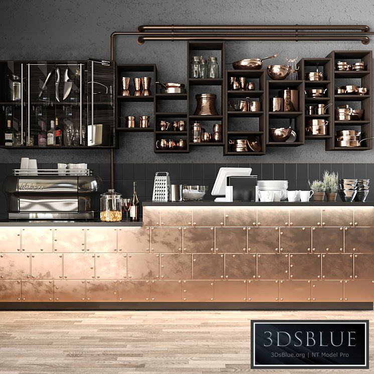 The bar counter in the restaurant with a copper decor and a coffee machine. Tableware
