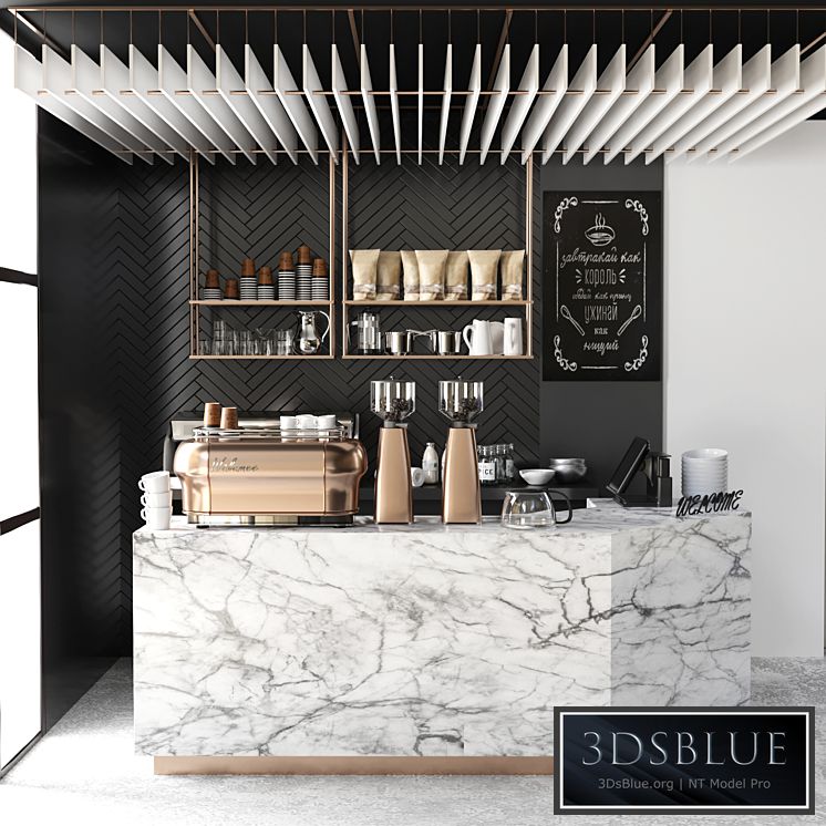 Cafe design 5. Coffee, coffee maker, coffee machine, coffee point, coffee grinder, dishes, marble, panels