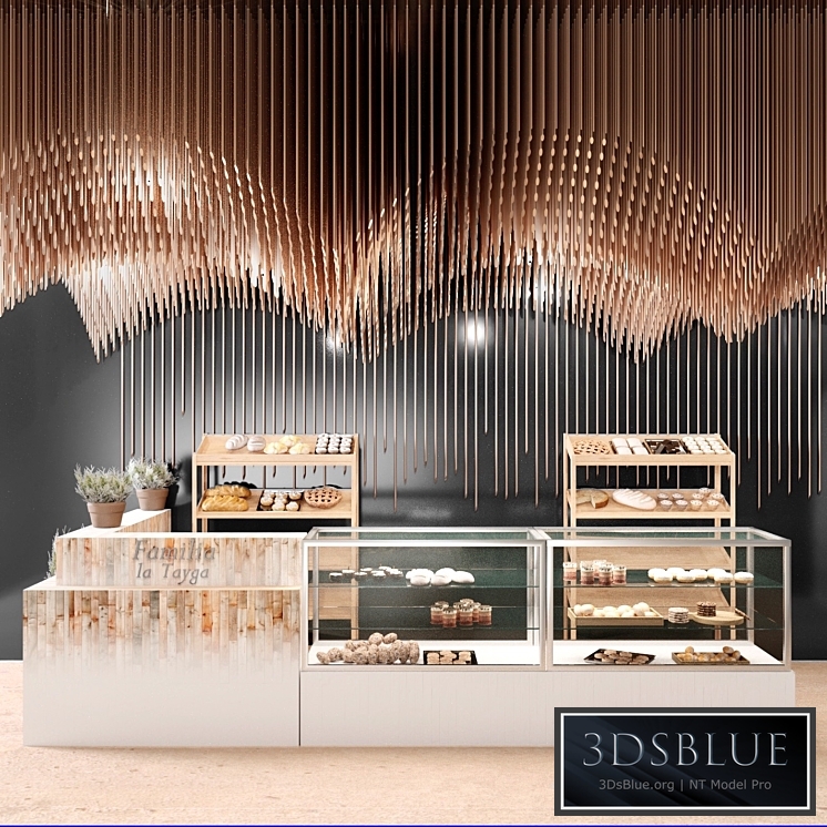 Design project of a restaurant with elements of copper decor and a showcase with desserts and sweets