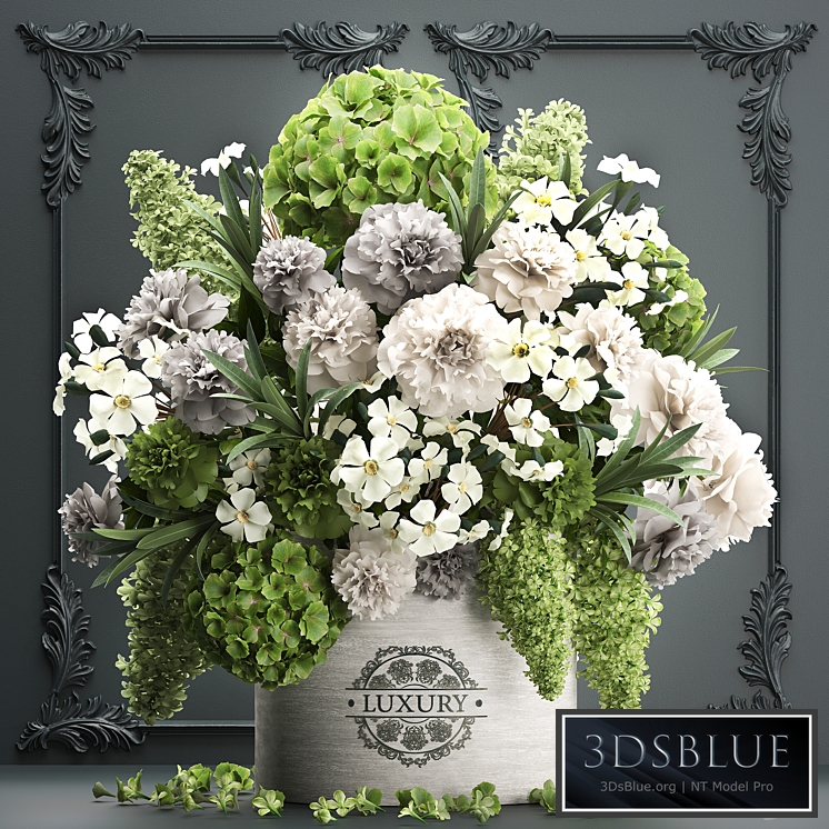 Bouquet of flowers 90. luxury bouquet, stucco frame, Hydrangea, lilac, peonies, oleander, vase, gold