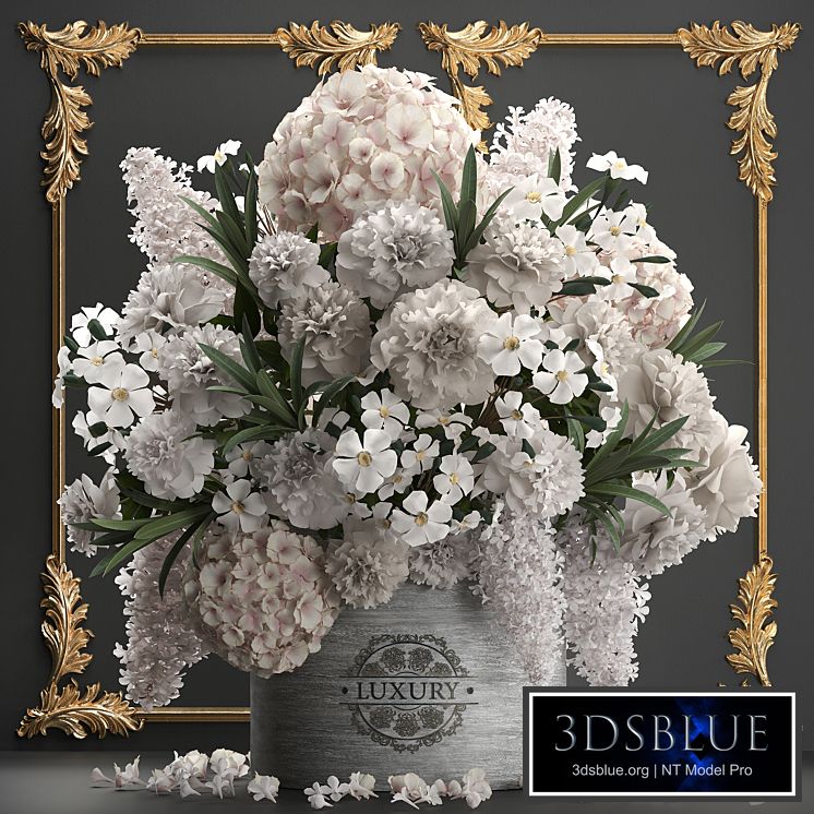 A beautiful lush modern bouquet of white flowers in a luxury vase with a molded frame, hydrangea, lilac, peonies, oleander, gold. Set 91.