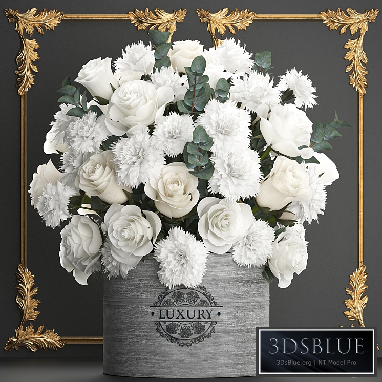 Bouquet of flowers 92. luxury bouquet, stucco frame, carnation, roses, eucalyptus, vase, white bouquet, white flowers, gold, luxury decor