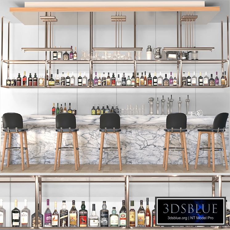 Design project of a bar with a marble bar counter and alcohol. Bar