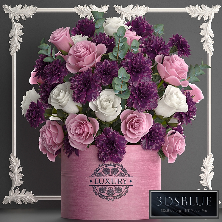 Bouquet of flowers 93. luxury bouquet, stucco frame, carnation, roses, eucalyptus, vase, luxury decor, gift box