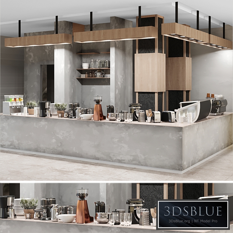 Cafe with a minimalist design with elements of concrete and wood. Coffee machine, coffee maker