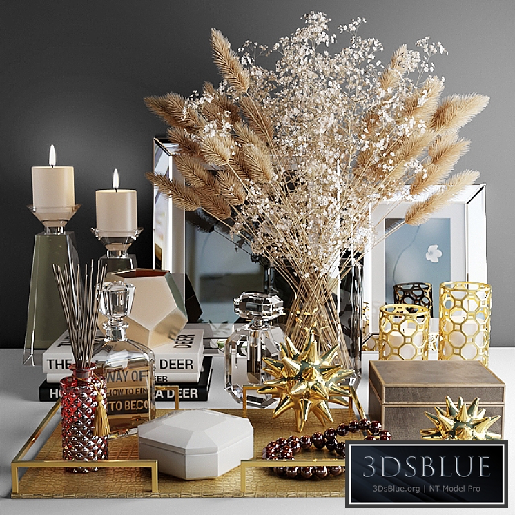 Decorative set with a bouquet of white flowers and dry grass