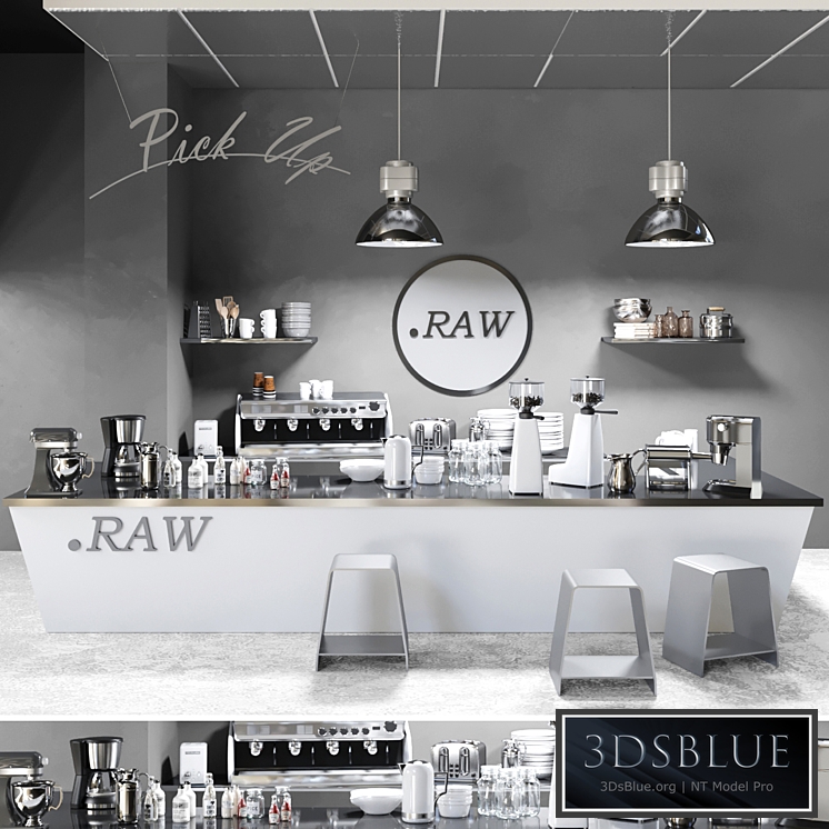 Minimalist coffee shop design. Coffee, coffee maker, coffee machine, grinder, lamp, bar, bar counter, coffee, coffee beans