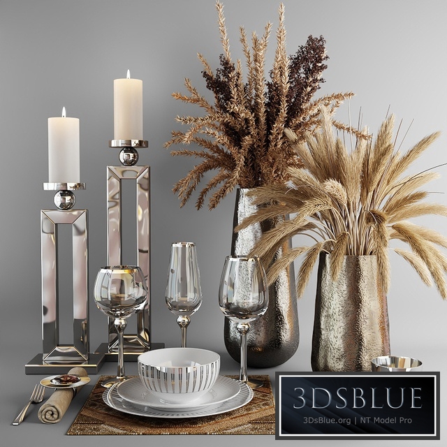 Decorative set with dishes and bouquets of dry grass