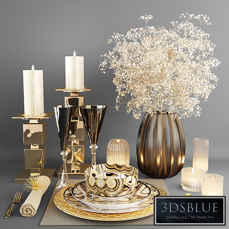 Decorative set with dishes and a bouquet of white flowers