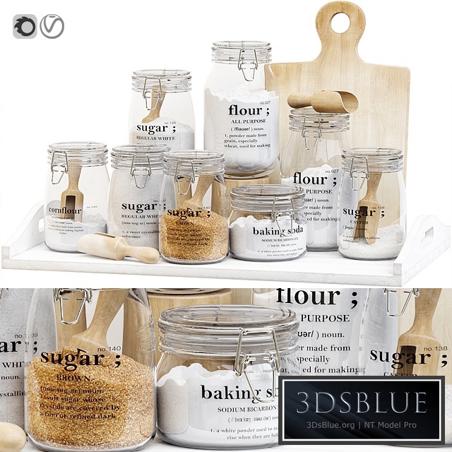 Set of glass jars for the kitchen with sugar and flour