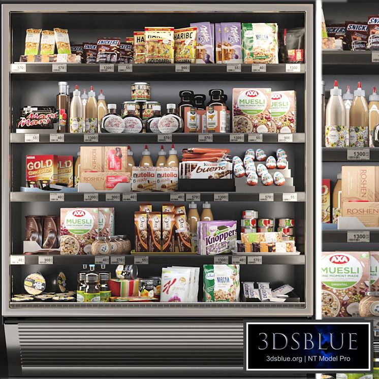 Showcase in a supermarket with sweets, cereals and snacks 3