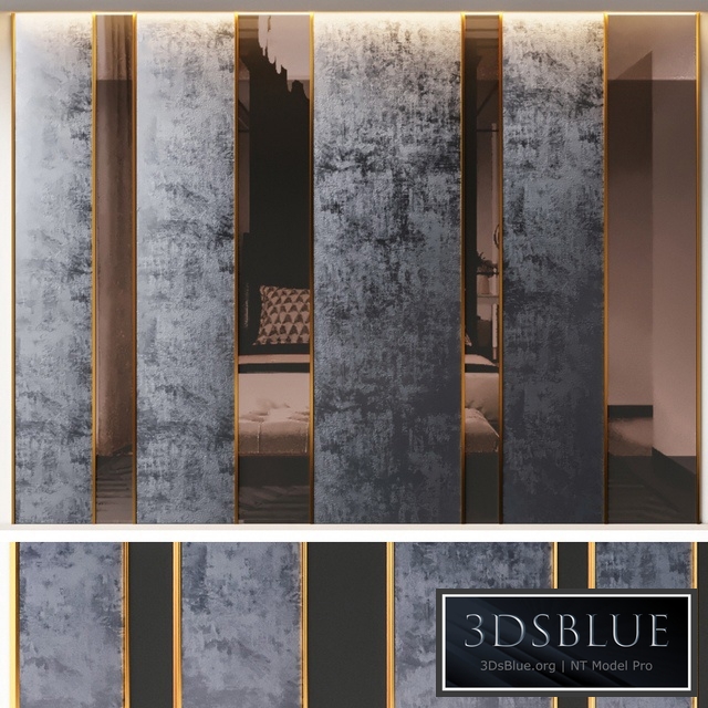 Decorative Wall Panel Blue Corduroy, Brass and Glass