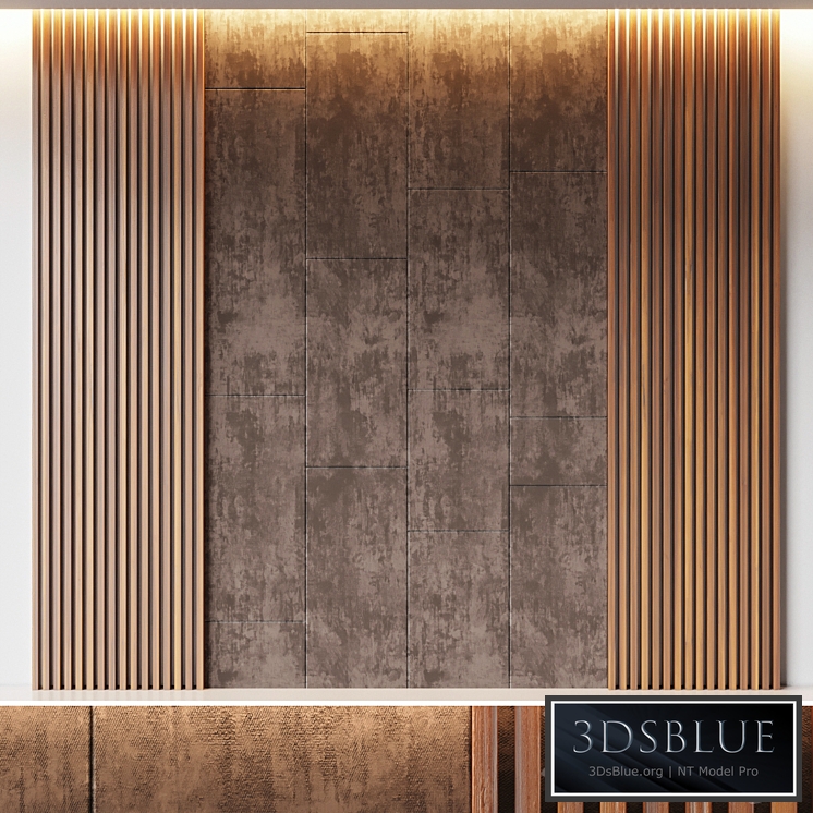 Decorative wall panel made of oak battens and beige velveteen
